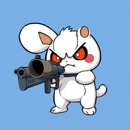 Cinnamoroll character with an angry expression, holding a large gun against a blue background