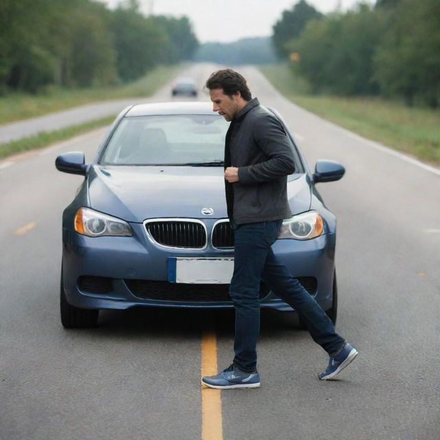 Generate an image of a determined individual, exerting full force to push a stalled car on a road, emphasizing resilience and effort.