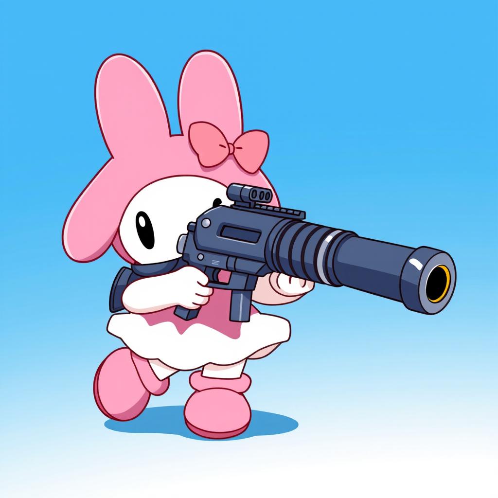 My Melody character with a big gun against a blue background, styled like the original anime series