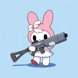 My Melody character with a big gun against a blue background, styled like the original anime series