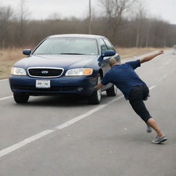 Generate an image of a determined individual, exerting full force to push a stalled car on a road, emphasizing resilience and effort.