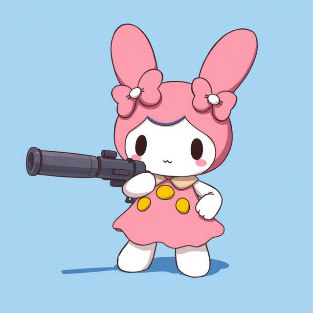 My Melody character with a big gun against a blue background, styled like the original anime series