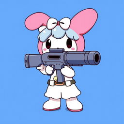 My Melody character with a big gun against a blue background, styled like the original anime series