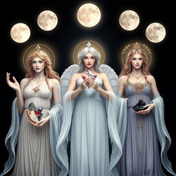 An ethereal composition of three moon goddesses, each holding specific crystals that radiate celestial energy