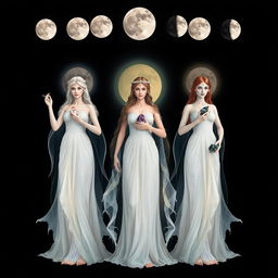 An ethereal composition of three moon goddesses, each holding specific crystals that radiate celestial energy