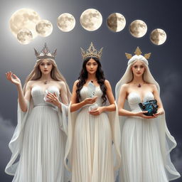 An ethereal composition of three moon goddesses, each holding specific crystals that radiate celestial energy