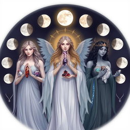 An ethereal composition of three moon goddesses, each holding specific crystals that radiate celestial energy