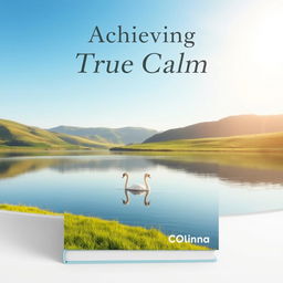 A serene and tranquil book cover design depicting a peaceful landscape with a calm lake reflecting a clear blue sky