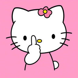 Hello Kitty character with a cheeky expression, against a pink background, giving the middle finger, styled like the original Sanrio anime series