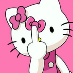 Hello Kitty character with a cheeky expression, against a pink background, giving the middle finger, styled like the original Sanrio anime series