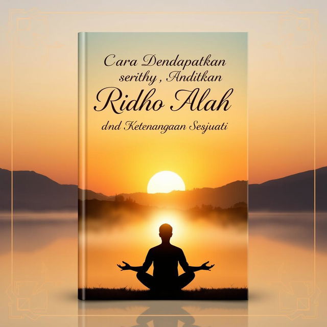 A serene and calm book cover artwork for a book titled "Cara Mendapatkan Ridho Allah dan Ketenangan Sejati"