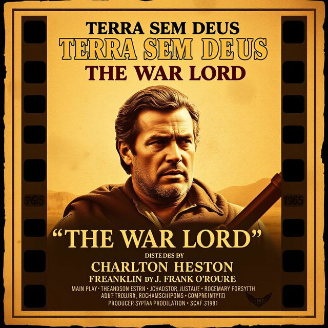 a vintage movie poster design for "Terra sem Deus", the Brazilian title for the 1965 film "The War Lord" directed by Franklin J