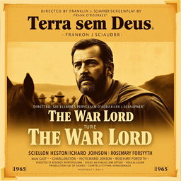 a vintage movie poster design for "Terra sem Deus", the Brazilian title for the 1965 film "The War Lord" directed by Franklin J