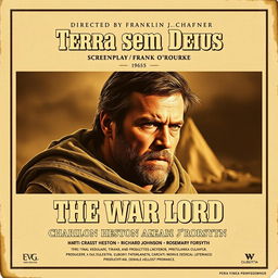 a vintage movie poster design for "Terra sem Deus", the Brazilian title for the 1965 film "The War Lord" directed by Franklin J