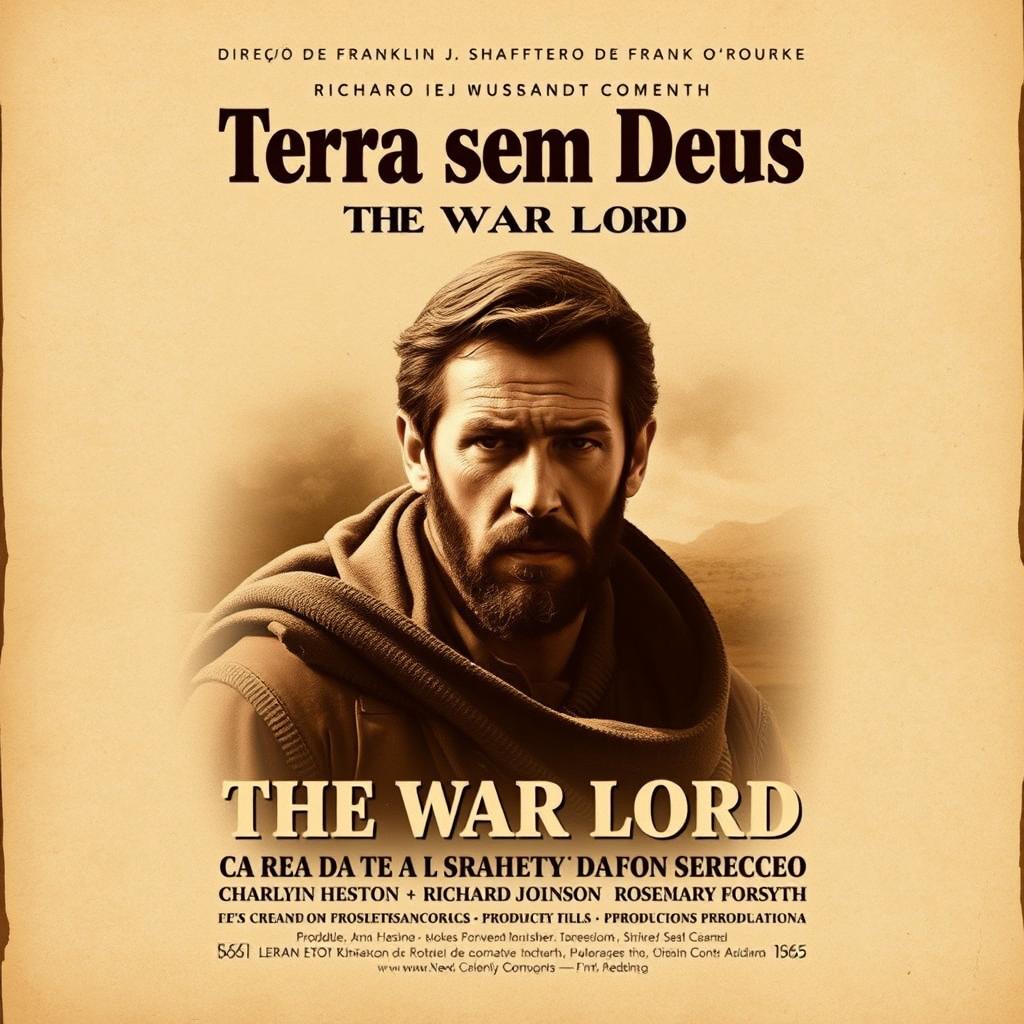 a vintage movie poster design for "Terra sem Deus", the Brazilian title for the 1965 film "The War Lord" directed by Franklin J