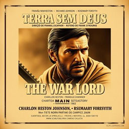 a vintage movie poster design for "Terra sem Deus", the Brazilian title for the 1965 film "The War Lord" directed by Franklin J