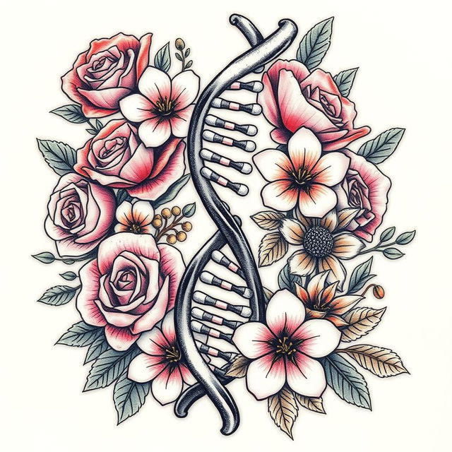 A beautifully detailed tattoo design featuring a DNA helix elegantly surrounded by an array of diverse flowers