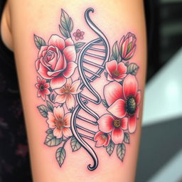 A beautifully detailed tattoo design featuring a DNA helix elegantly surrounded by an array of diverse flowers