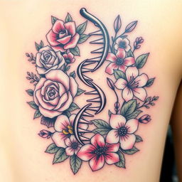 A beautifully detailed tattoo design featuring a DNA helix elegantly surrounded by an array of diverse flowers