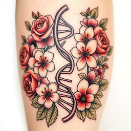 A beautifully detailed tattoo design featuring a DNA helix elegantly surrounded by an array of diverse flowers