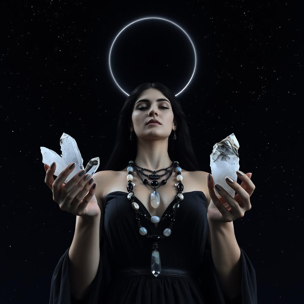 Hecate, the goddess of the New/Dark Moon, gracefully holds Moonstone, Labradorite, Clear Quartz, and Black Obsidian crystals in her hands