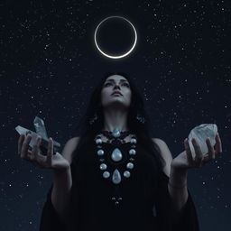 Hecate, the goddess of the New/Dark Moon, gracefully holds Moonstone, Labradorite, Clear Quartz, and Black Obsidian crystals in her hands