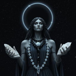 Hecate, the goddess of the New/Dark Moon, gracefully holds Moonstone, Labradorite, Clear Quartz, and Black Obsidian crystals in her hands