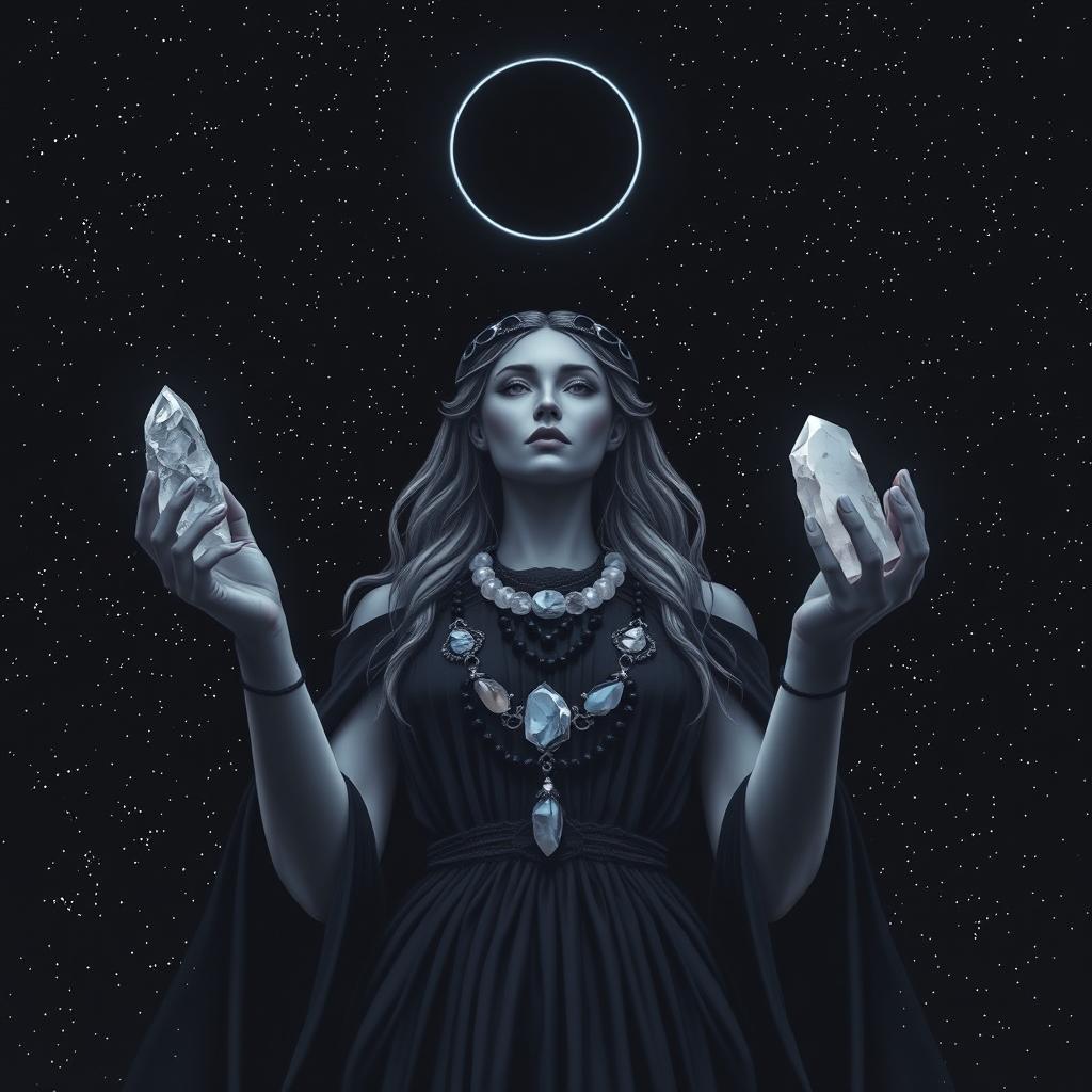 Hecate, the goddess of the New/Dark Moon, gracefully holds Moonstone, Labradorite, Clear Quartz, and Black Obsidian crystals in her hands