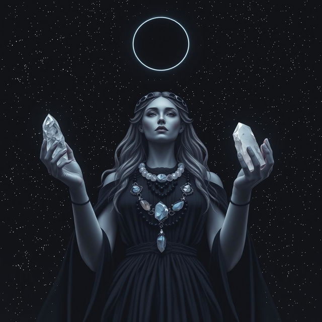 Hecate, the goddess of the New/Dark Moon, gracefully holds Moonstone, Labradorite, Clear Quartz, and Black Obsidian crystals in her hands