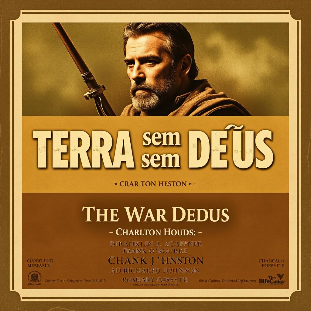 A classic movie poster design for the film "Terra sem Deus" depicting a dramatic scene from the film or a striking portrait of Charlton Heston