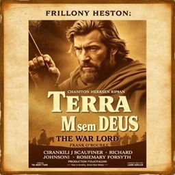 A classic movie poster design for the film "Terra sem Deus" depicting a dramatic scene from the film or a striking portrait of Charlton Heston