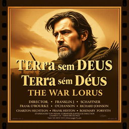 A classic movie poster design for the film "Terra sem Deus" depicting a dramatic scene from the film or a striking portrait of Charlton Heston