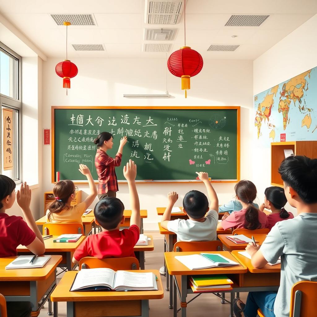 A classroom scene depicting a Chinese language lesson in a modern school setting