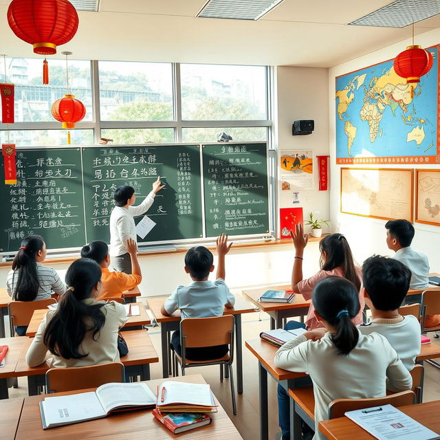 A classroom scene depicting a Chinese language lesson in a modern school setting