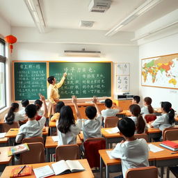 A classroom scene depicting a Chinese language lesson in a modern school setting