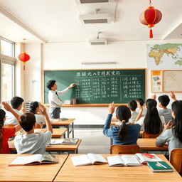 A classroom scene depicting a Chinese language lesson in a modern school setting