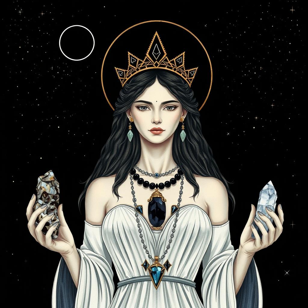 Hecate, the goddess of the New Moon, gracefully holds Labradorite and Clear Quartz crystals in her hands