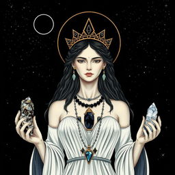 Hecate, the goddess of the New Moon, gracefully holds Labradorite and Clear Quartz crystals in her hands