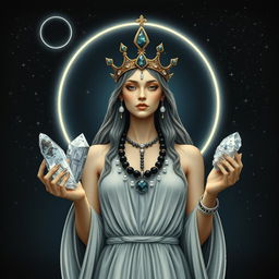 Hecate, the goddess of the New Moon, gracefully holds Labradorite and Clear Quartz crystals in her hands