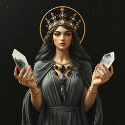 Hecate, the goddess of the New Moon, gracefully holds Labradorite and Clear Quartz crystals in her hands