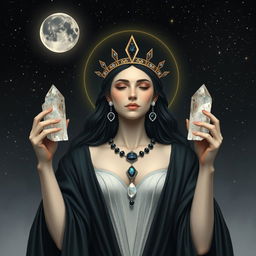 Hecate, the goddess of the New Moon, gracefully holds Labradorite and Clear Quartz crystals in her hands