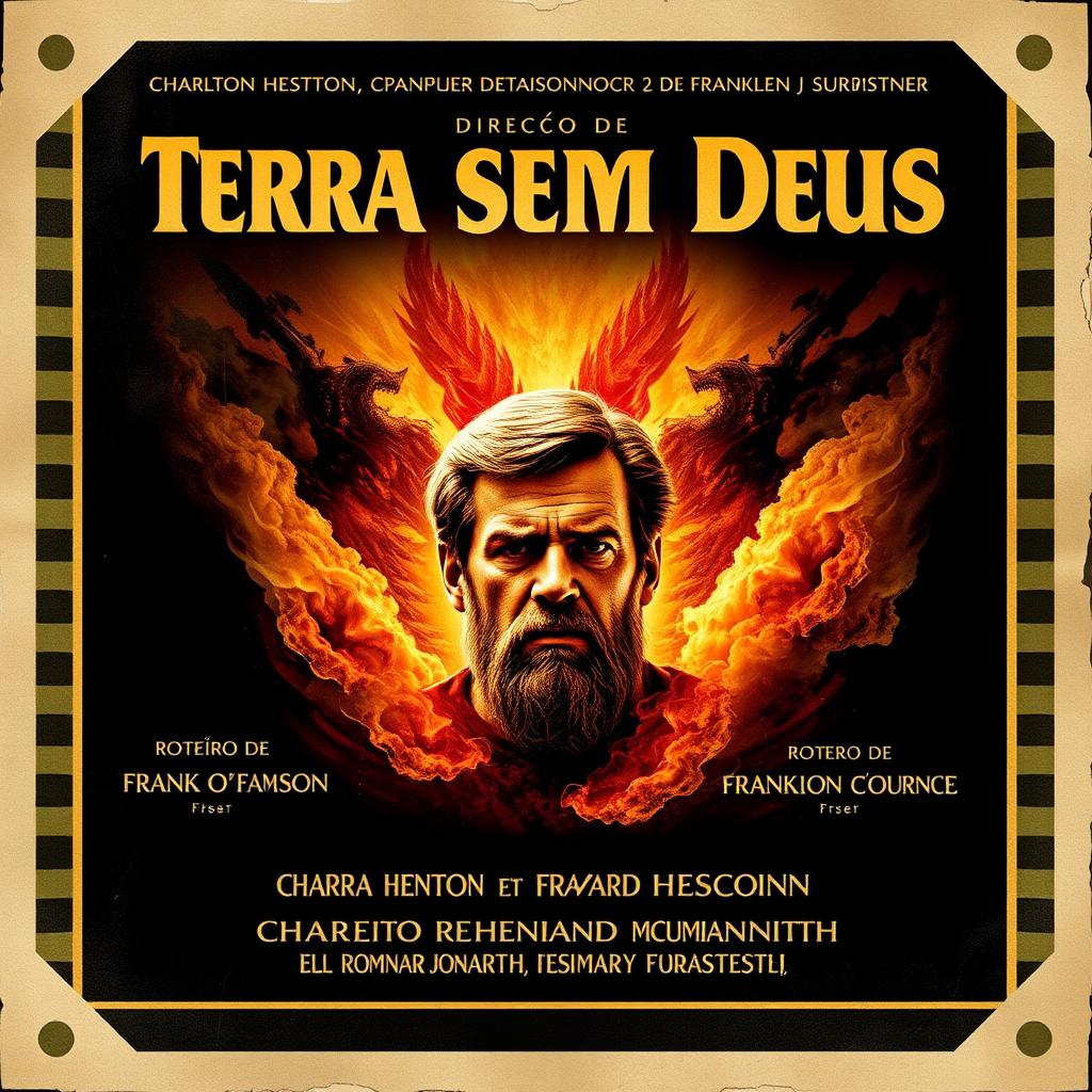 A dramatic movie poster for the 1965 film "Terra sem Deus" featuring a striking portrait of Charlton Heston at the center, surrounded by artistic elements of fire and smoke