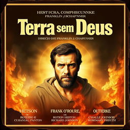 A dramatic movie poster for the 1965 film "Terra sem Deus" featuring a striking portrait of Charlton Heston at the center, surrounded by artistic elements of fire and smoke