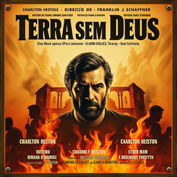 A dramatic movie poster for the 1965 film "Terra sem Deus" featuring a striking portrait of Charlton Heston at the center, surrounded by artistic elements of fire and smoke