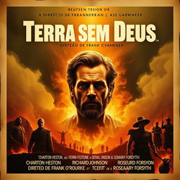 A dramatic movie poster for the 1965 film "Terra sem Deus" featuring a striking portrait of Charlton Heston at the center, surrounded by artistic elements of fire and smoke