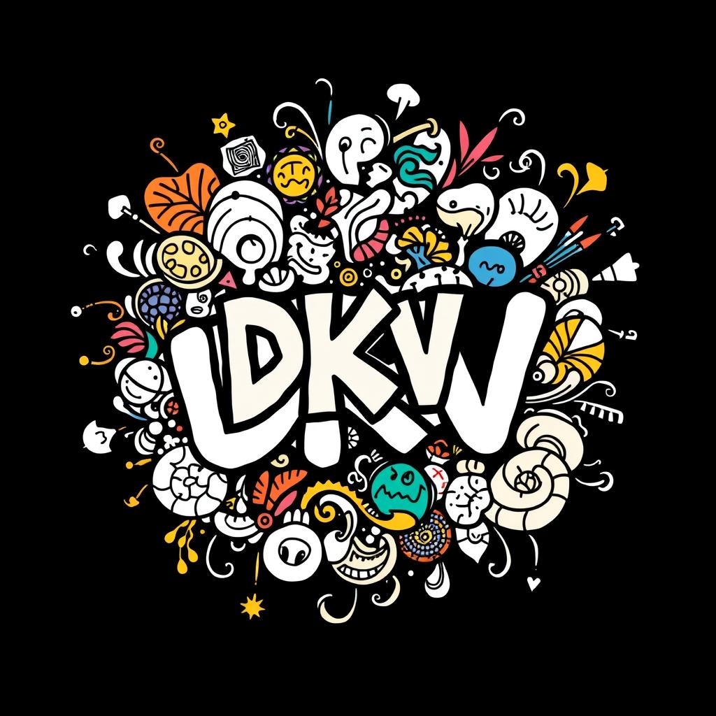 Official DKV logo transformed into intricate doodle art style, filled with whimsical patterns, swirling lines, and imaginative elements, a playful interpretation while retaining recognizable features of the DKV brand, vibrant colors, and creative motifs encircle the logo, giving a lively and artistic flair