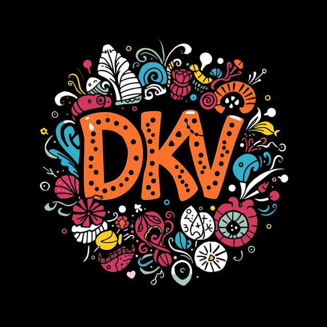 Official DKV logo transformed into intricate doodle art style, filled with whimsical patterns, swirling lines, and imaginative elements, a playful interpretation while retaining recognizable features of the DKV brand, vibrant colors, and creative motifs encircle the logo, giving a lively and artistic flair