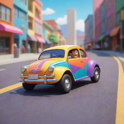 Generate an animated image of a cartoon-style character putting all their strength into pushing a colorful, stylized car on a lively, detailed road.