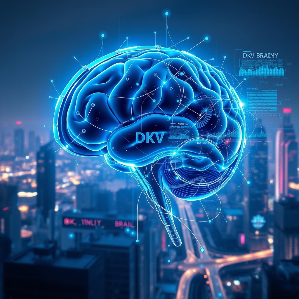 A futuristic and abstract representation of the concept 'DKV BRAINY', characterized by a sleek and modern digital brain interface, neon glowing neural pathways, and holographic data visualizations