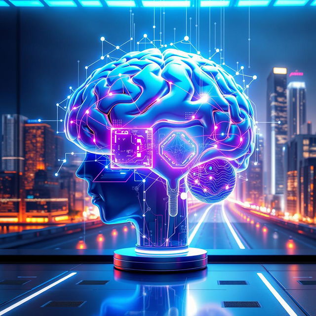 A futuristic and abstract representation of the concept 'DKV BRAINY', characterized by a sleek and modern digital brain interface, neon glowing neural pathways, and holographic data visualizations